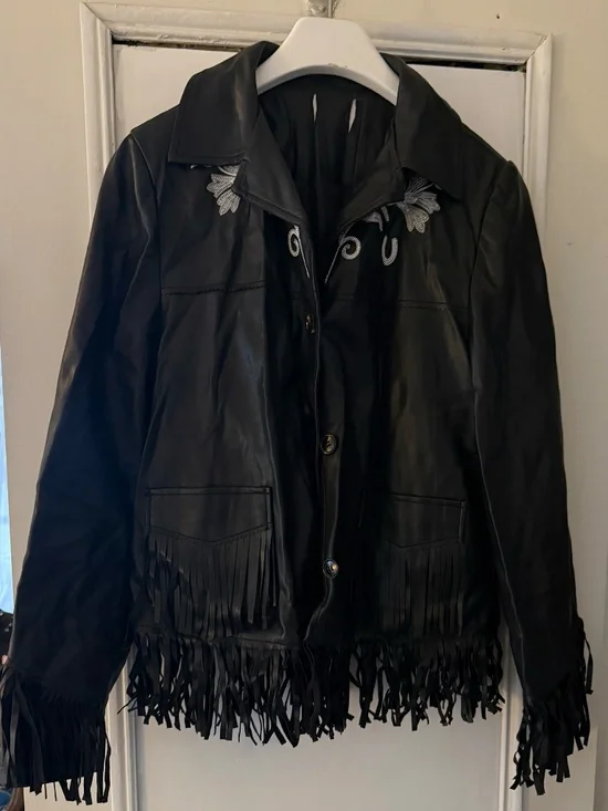 Black Leather Fringe Jacket with Embroidery - Picture 2 of 5